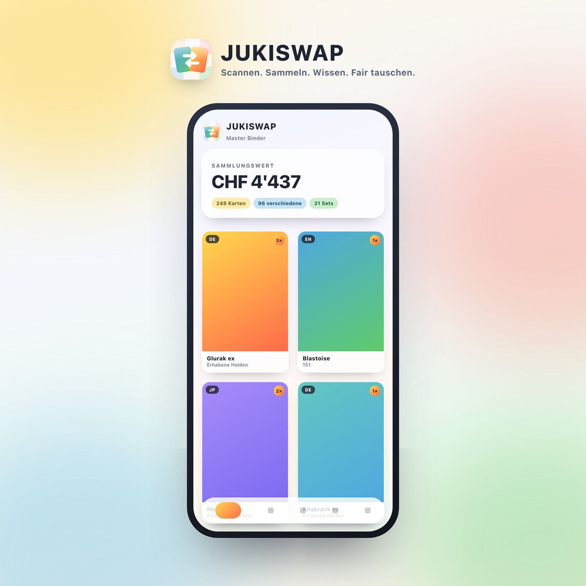 JUKISWAP App auf einem Handy: Sammlungswert in Franken und Kartenübersicht